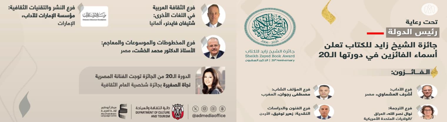 تحت رعاية رئيس الدولة / جائزة الشيخ زايد للكتاب تعلن أسماء الفائزين في دورتها الـ20